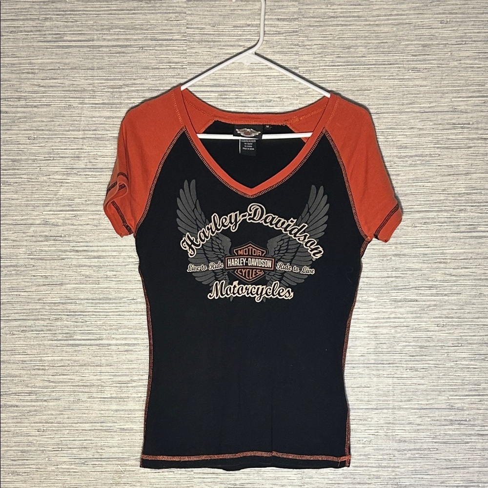 Harley-Davidson Black & Orange V-Neck Tee “Live to Ride”, M (206)